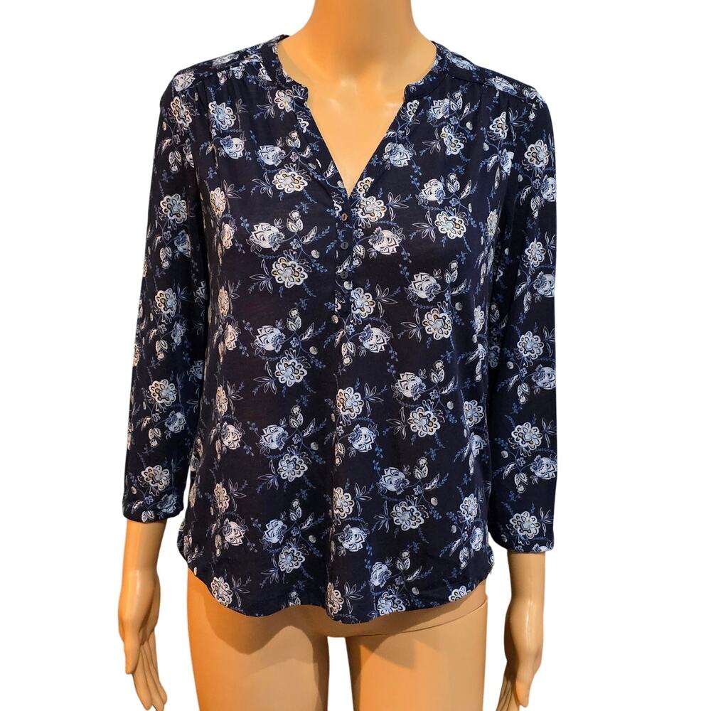 H&M Blue Floral Print 3/4 Sleeve Boho top Small